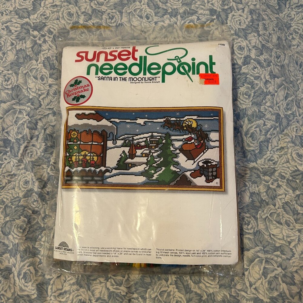 Vtg Crewel Embroidery Sunset Needlepoint KIT SEALED 14” X 24” Santa in Moonlight